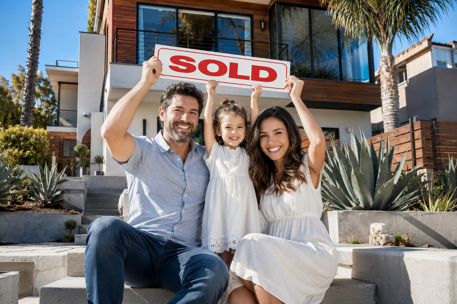 A family meeting a real estate agent outside their new home